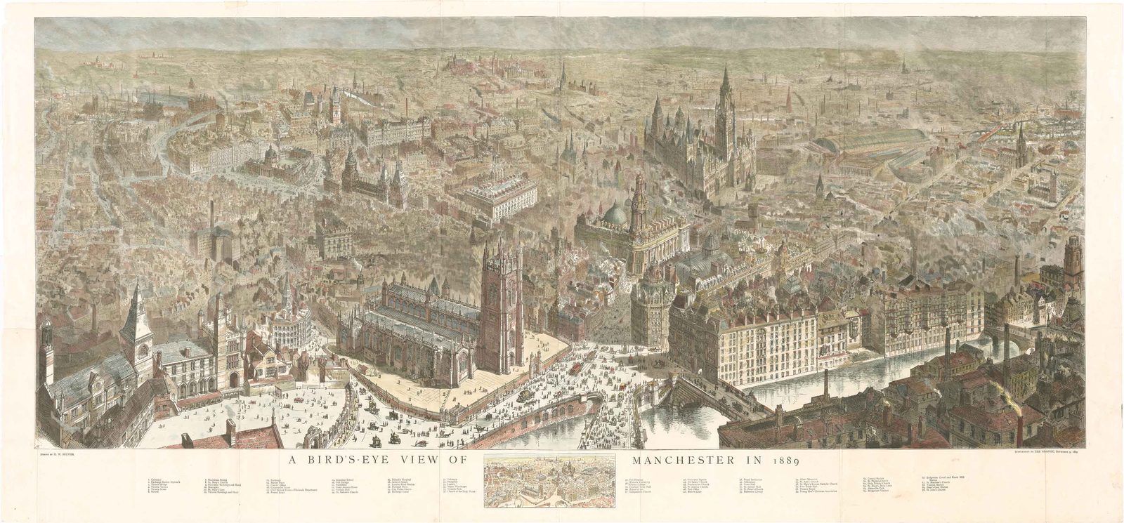 A Bird's Eye View of Manchester in 1889 by H. W. Brewer, hand-coloured engraving, giclée print