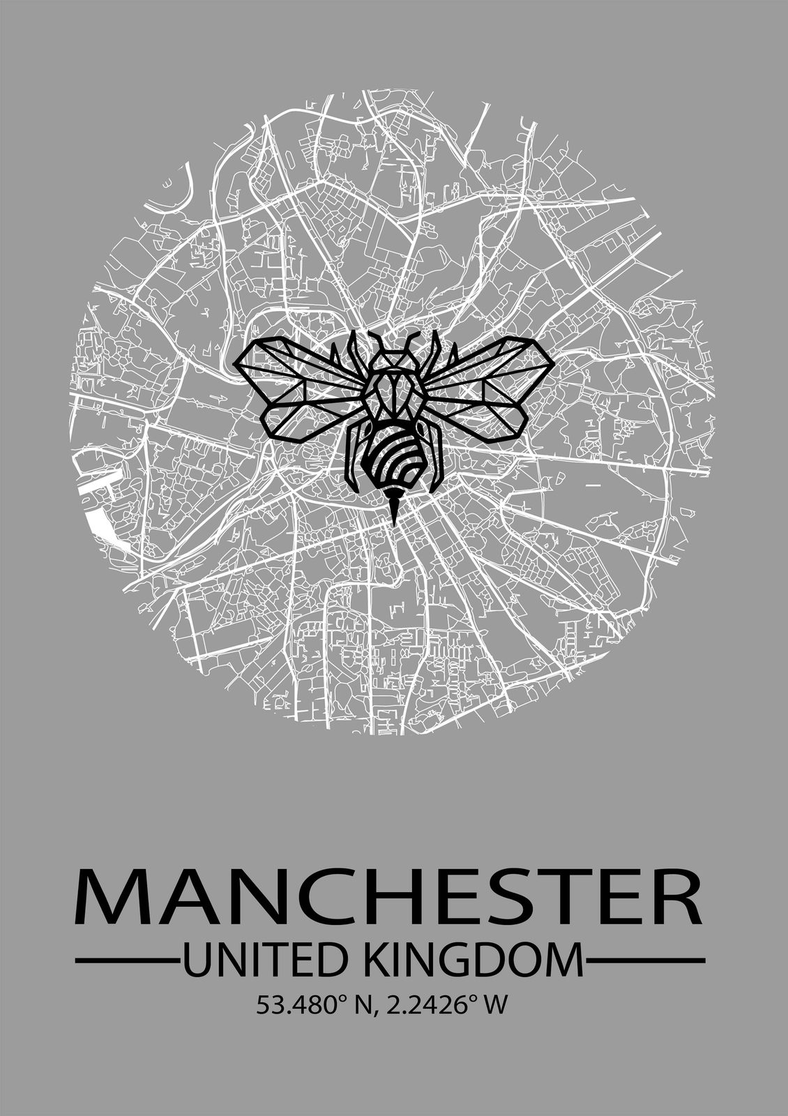 Manchester Coordinates print: the city's streets in a circle with a geometric bee and the coordinates 53.480° N, 2.2426° W
