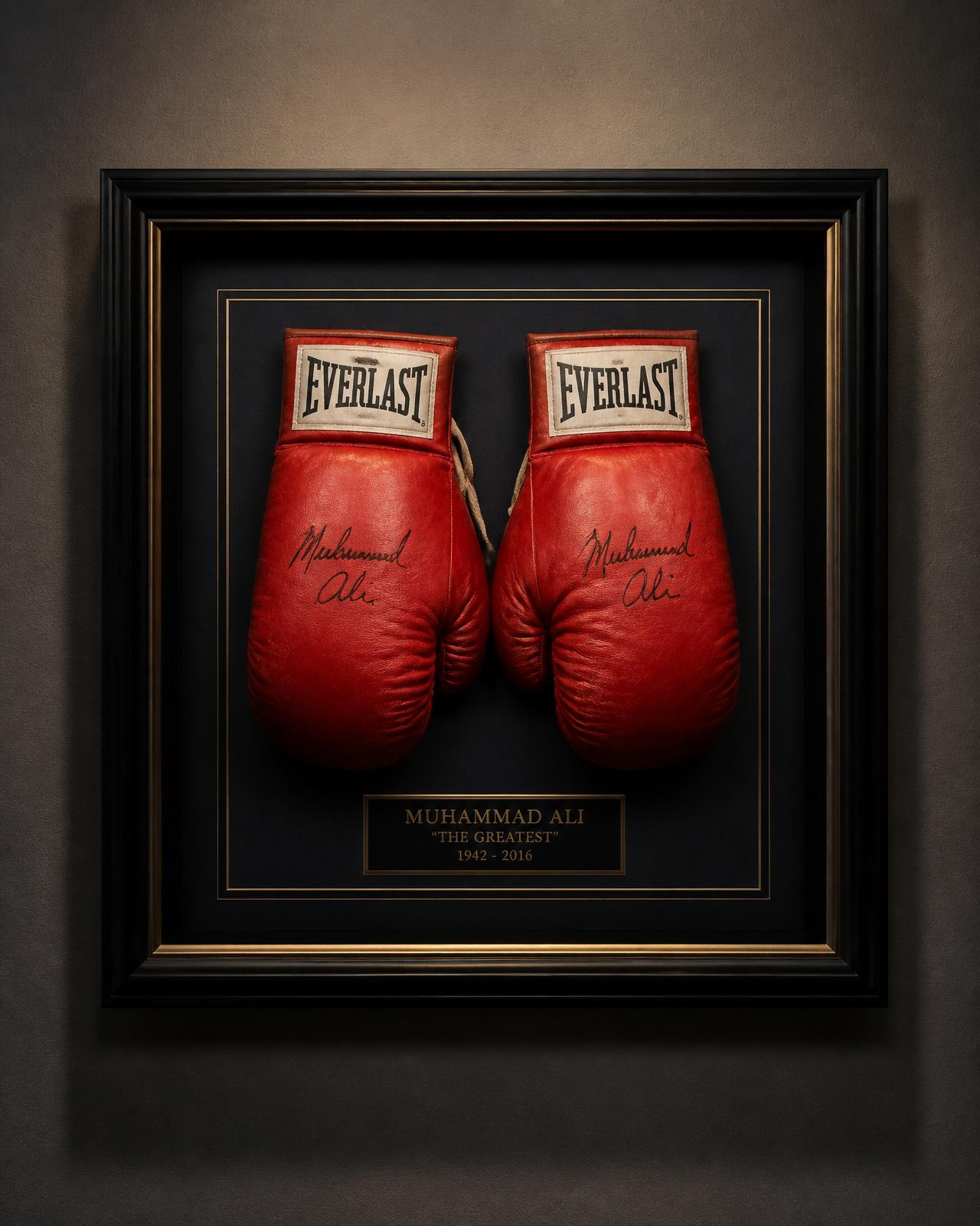 Framed signed boxing gloves in deep shadow-box frame
